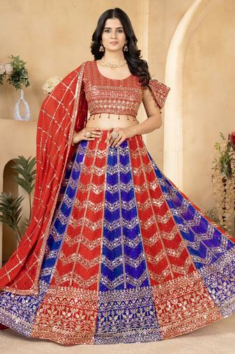 Red & Blue Sequins Georgette Wedding Lehenga Choli