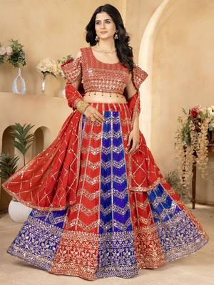 red & blue sequins georgette wedding lehenga set choli with dupatta 3