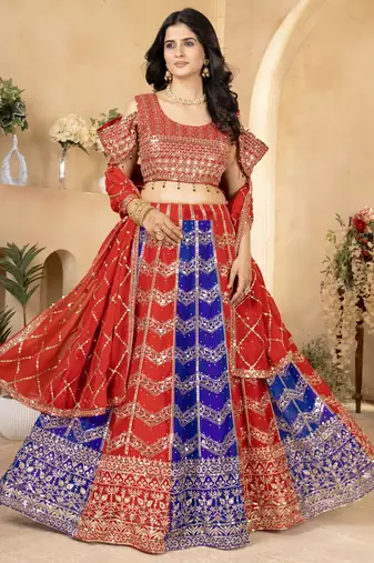 red & blue sequins georgette wedding lehenga set choli with dupatta
