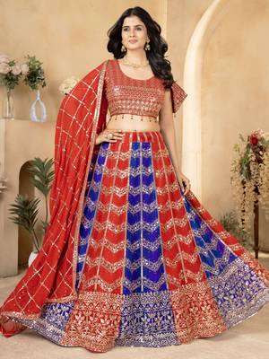 red & blue sequins georgette wedding lehenga set choli with dupatta 4