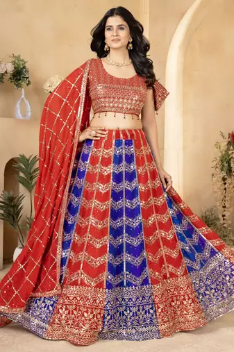 red & blue sequins georgette wedding lehenga set choli with dupatta