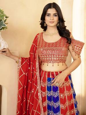 red & blue sequins georgette wedding lehenga set choli with dupatta 5
