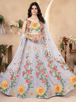 grey floral embroidered georgette lehenga set choli with dupatta 1