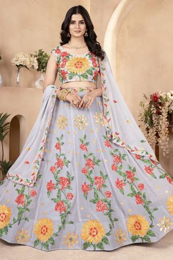 Grey Floral Embroidered Georgette Engagement Wear Lehenga Choli