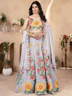 grey floral embroidered georgette lehenga set choli with dupatta 3