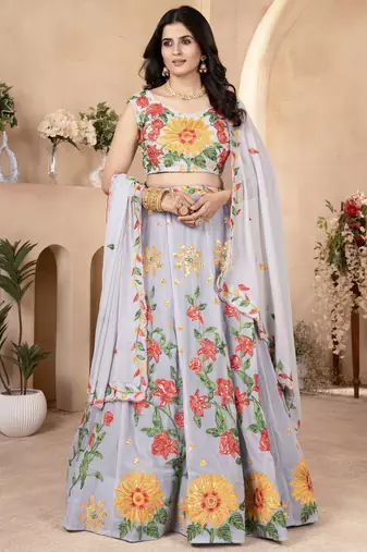 grey floral embroidered georgette lehenga set choli with dupatta