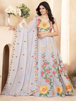 grey floral embroidered georgette lehenga set choli with dupatta 4