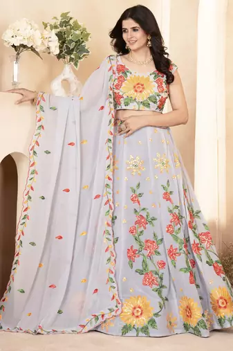grey floral embroidered georgette lehenga set choli with dupatta