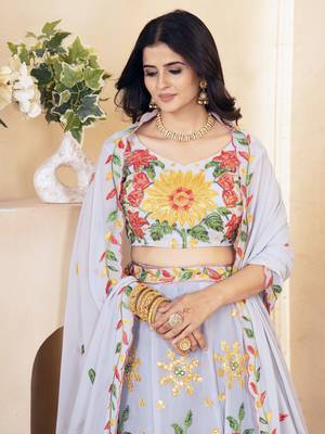 grey floral embroidered georgette lehenga set choli with dupatta 5