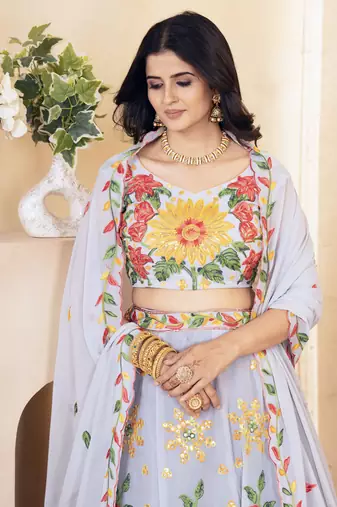 grey floral embroidered georgette lehenga set choli with dupatta
