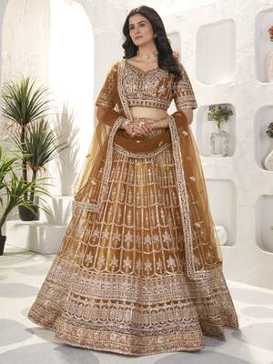 brown sequins net lehenga set choli with dupatta with dupatta 1