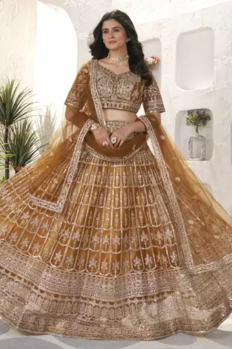 brown sequins net lehenga set choli with dupatta with dupatta
