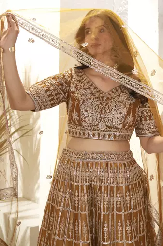 brown sequins net lehenga set choli with dupatta with dupatta