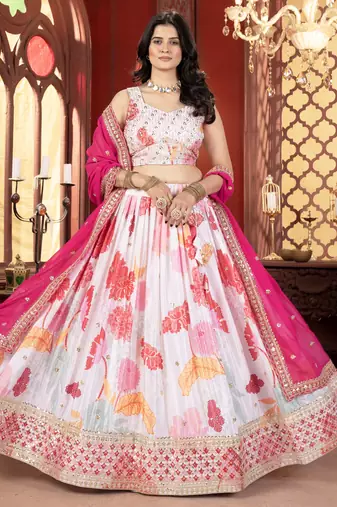 Off-White Floral Printed Lehenga Choli With Georgette Dupatta