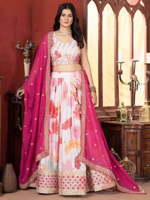 off white floral printed lehenga set choli with dupatta with georgette dupatta 3
