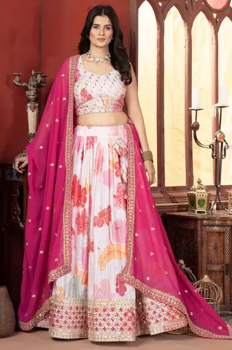 off white floral printed lehenga set choli with dupatta with georgette dupatta