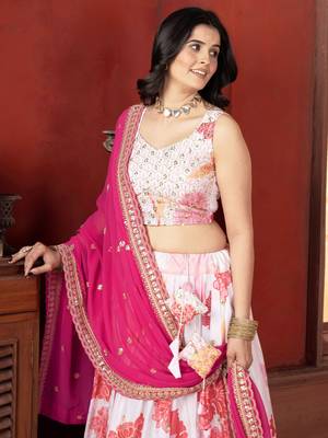 off white floral printed lehenga set choli with dupatta with georgette dupatta 5