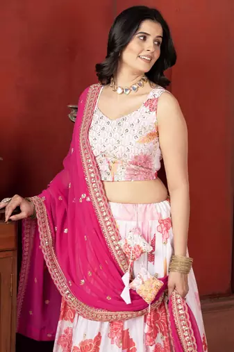 off white floral printed lehenga set choli with dupatta with georgette dupatta