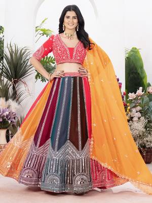 multi color embroidered georgette wedding lehenga set choli with dupatta 1