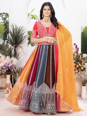 multi color embroidered georgette wedding lehenga set choli with dupatta 3