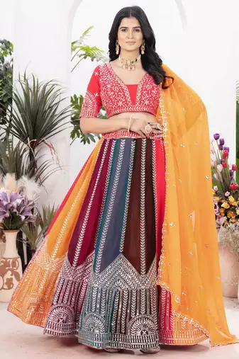 multi color embroidered georgette wedding lehenga set choli with dupatta
