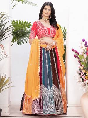 multi color embroidered georgette wedding lehenga set choli with dupatta 4