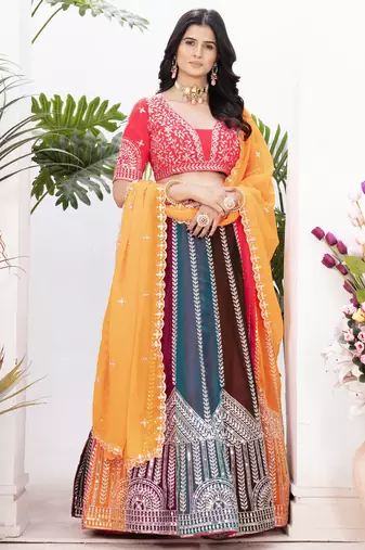 multi color embroidered georgette wedding lehenga set choli with dupatta