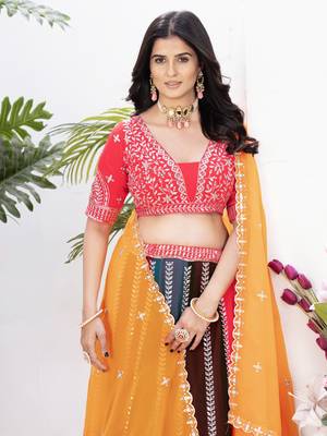 multi color embroidered georgette wedding lehenga set choli with dupatta 5