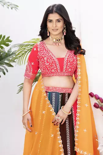 multi color embroidered georgette wedding lehenga set choli with dupatta