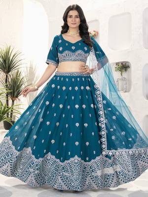 teal blue sequins georgette lehenga set choli with dupatta 1