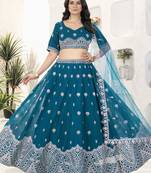 Teal Blue Sequins Georgette Bridesmaid Lehenga Choli