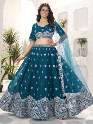 teal blue sequins georgette lehenga set choli with dupatta 3