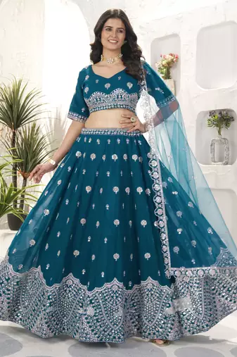 teal blue sequins georgette lehenga set choli with dupatta