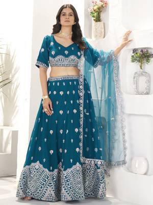 teal blue sequins georgette lehenga set choli with dupatta 4