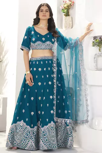 teal blue sequins georgette lehenga set choli with dupatta