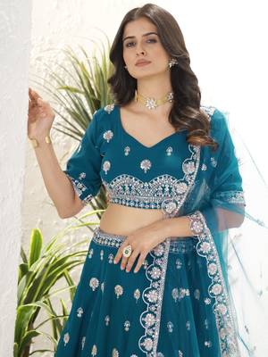 teal blue sequins georgette lehenga set choli with dupatta 5