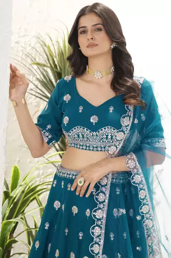 teal blue sequins georgette lehenga set choli with dupatta