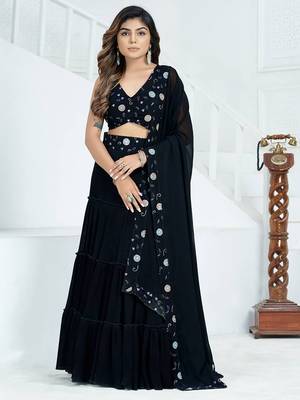 Midnight Black Tiered Georgette Lehenga Choli Set 1