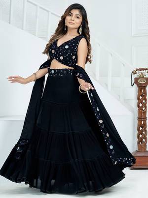 Midnight Black Tiered Georgette Lehenga Choli Set 4