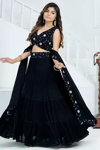 Midnight Black Tiered Georgette Lehenga Choli Set
