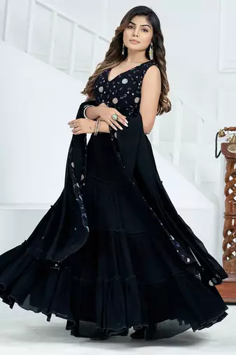 Midnight Black Tiered Georgette Lehenga Choli Set