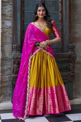 Mustard Yellow Zari Weaving Silk South Indian Half Saree Lehenga