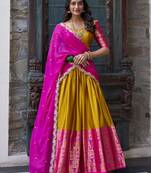 Mustard Yellow Zari Weaving Silk South Indian Half Saree Lehenga