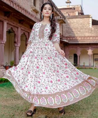 White Mughal Floral Print Kurta Dress 1