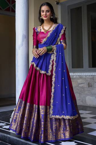 Pink Zari Weaving Silk Onam Special Half Saree Lehenga