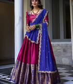 Pink Zari Weaving Silk Onam Special Half Saree Lehenga