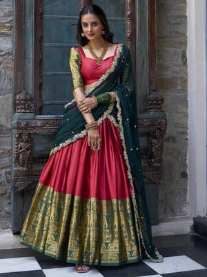 red zari weaving silk festival half saree lehenga 1
