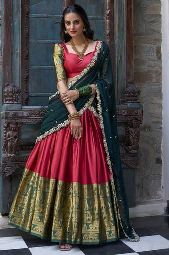 Red Zari Weaving Silk Festival Wear Half Saree Lehenga