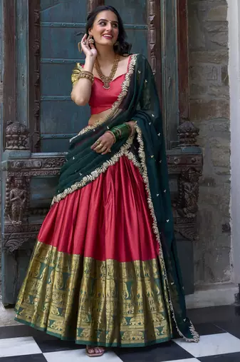 red zari weaving silk festival half saree lehenga