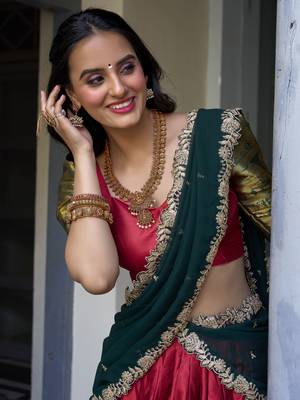 red zari weaving silk festival half saree lehenga 4
